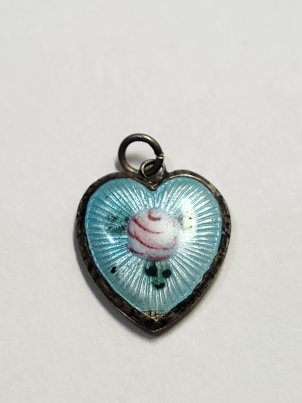 Vintage Guilloche Heart Pendant Charm Turquoise With Rose